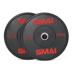 Two black Sale Item-branded HD Bumper Plates, each marked with "25kg" in red text, crafted for an Olympic lifting setup. The premium rubber plates are positioned upright with a slight overlap and feature a prominent circular opening at the center of each.