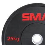 Close-up of an SMAI HD Bumper Plate (25kg), made from high-density virgin rubber. The black plate features "25kg" and part of the SMAI logo in red, with a central hole for easy barbell mounting—ideal for home gyms.