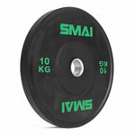 The SMAI Home Gym Bumper Plates - 10kg (Pair) feature green "SMAI" branding, a white inner ring, and are ideal for weightlifting or home gym setups.