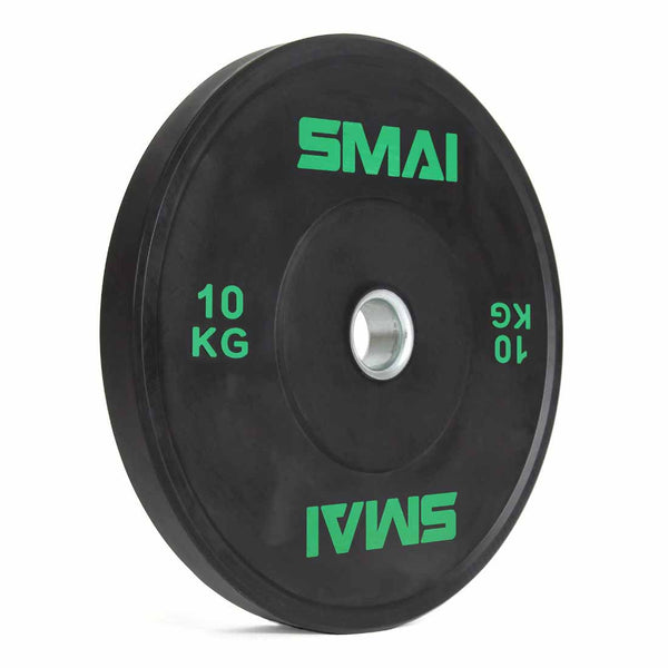 The SMAI Home Gym Bumper Plates - 10kg (Pair) feature green "SMAI" branding, a white inner ring, and are ideal for weightlifting or home gym setups.