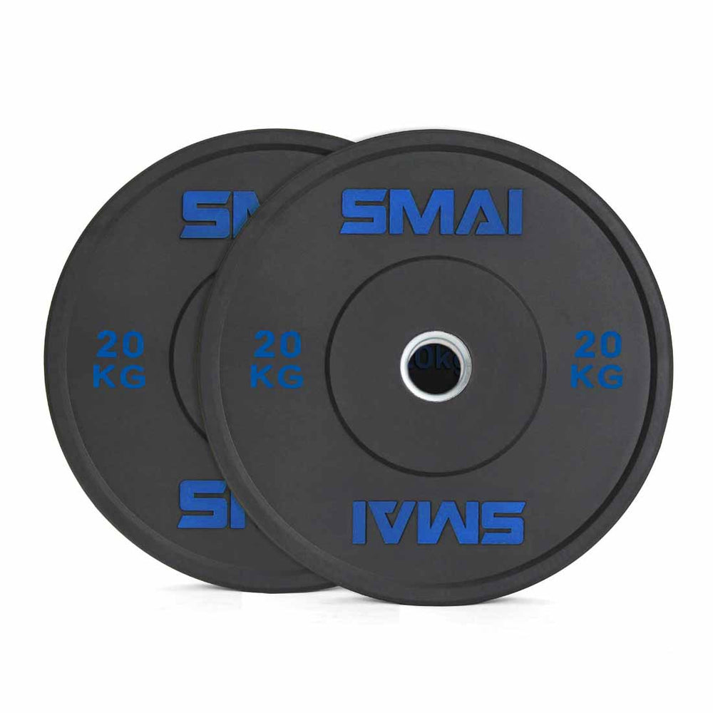 A pair of SMAI Home Gym Bumper Plates - 20kg, featuring black design with blue SMAI branding, shown partially overlapping on a white background—ideal, affordable performance plates for your home gym.