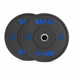 A pair of SMAI Home Gym Bumper Plates - 20kg, featuring black design with blue SMAI branding, shown partially overlapping on a white background—ideal, affordable performance plates for your home gym.