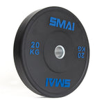 A pair of black 20kg SMAI Home Gym Bumper Plates with blue SMAI branding, shown upright on a white background—perfect for anyone seeking affordable, performance bumper plates for their home gym.