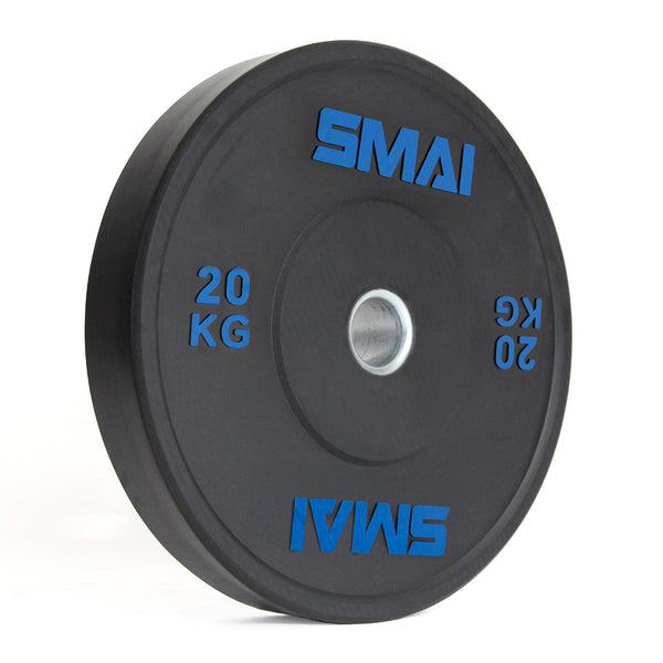 A pair of black 20kg SMAI Home Gym Bumper Plates with blue SMAI branding, shown upright on a white background—perfect for anyone seeking affordable, performance bumper plates for their home gym.
