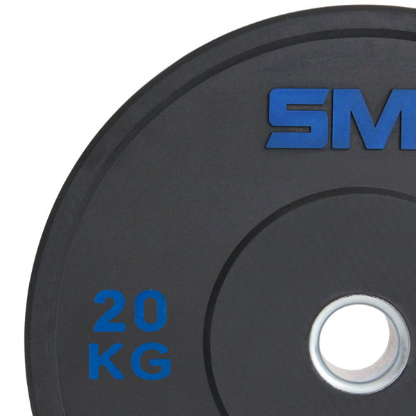 A close-up of an SMAI Home Gym Bumper Plate - 20kg (Pair) shows "20 KG" in blue and a blue logo with a silver center—an ideal choice from SMAI for home gym bumper plates.