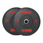 The SMAI Home Gym Bumper Plates - 25kg (Pair) feature red SMAI branding and are perfect for any home gym setup, offering affordability and quality for your strength training needs.