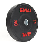The SMAI Home Gym Bumper Plates - 25kg (Pair) feature black design with red "SMAI" text and a silver center ring, perfect for barbells in weightlifting or gym training—an affordable choice for any home gym.