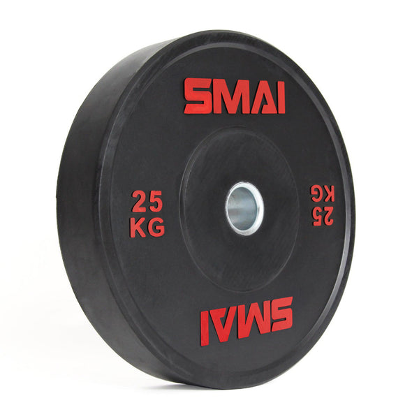 The SMAI Home Gym Bumper Plates - 25kg (Pair) feature black design with red "SMAI" text and a silver center ring, perfect for barbells in weightlifting or gym training—an affordable choice for any home gym.