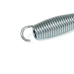 Close-up of the Ubound Trampoline - Spring, highlighting its shiny, smooth surface. This coiled metal extension spring with a hooked end is ideal for trampolines or rebounders, set against a plain white background.