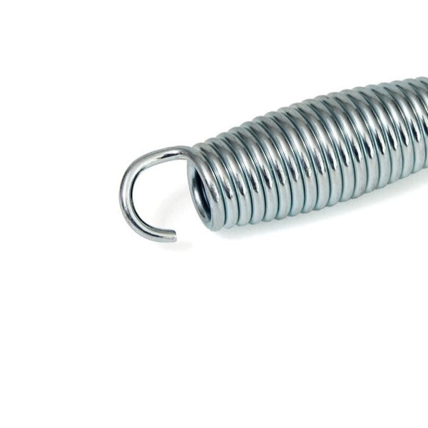 Close-up of the Ubound Trampoline - Spring, highlighting its shiny, smooth surface. This coiled metal extension spring with a hooked end is ideal for trampolines or rebounders, set against a plain white background.