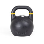 The SMAI The Yard - Competition Steel Kettlebell 16kg is black with a yellow stripe, labeled "16" and "16KG," and features "THE YARD" and "EST 2020" on the front. Consistent size design supports uniform training.