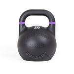 The SMAI The Yard - Competition Steel Kettlebell 20kg is a black kettlebell with a purple-striped handle, embossed with "THE YARD 20KG EST 2020," ideal for those wanting consistent size gym equipment.