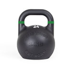 The SMAI The Yard - Competition Steel Kettlebell 24kg is black with a green stripe near the handle, "24" on top, and "THE YARD 24KG EST 2020" embossed on the front, ensuring consistent size and custom branding for reliable training.