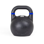 The SMAI The Yard - Competition Steel Kettlebell 28kg features a black finish, blue stripe near the handle, embossed "THE YARD 28KG EST 2020", and white "28" below the handle—ideal for kettlebell exercises in any serious gym.
