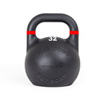 The SMAI The Yard - Competition Steel Kettlebell 32kg is black with a red stripe near the handle, features "THE YARD 32KG EST 2020" embossed on the front and "32" in white below the handle, and has a consistent size design.