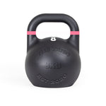 The Yard - Competition Steel Kettlebell 8kg by SMAI is a black, custom-branded kettlebell with a pink stripe near the handle and "THE YARD 8KG EST 2020" embossed on the front, designed to competition standards.