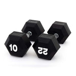 Two black SMAI "The Yard" Rubber Hex Dumbbells (10kg pair) with ergonomic grips and silver handles are shown on a white background, perfect for any commercial gym setup.