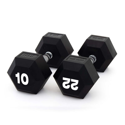 Two black SMAI "The Yard" Rubber Hex Dumbbells (10kg pair) with ergonomic grips and silver handles are shown on a white background, perfect for any commercial gym setup.