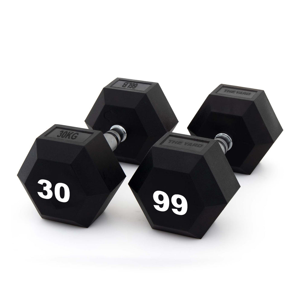 Four SMAI The Yard - Rubber Hex Dumbbell 30kg pairs with ergonomic grips and silver handles lie on a white background. Two of these commercial gym dumbbells show "30" in large white numbers on their ends.