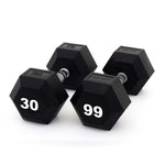 Four SMAI The Yard - Rubber Hex Dumbbell 30kg pairs with ergonomic grips and silver handles lie on a white background. Two of these commercial gym dumbbells show "30" in large white numbers on their ends.