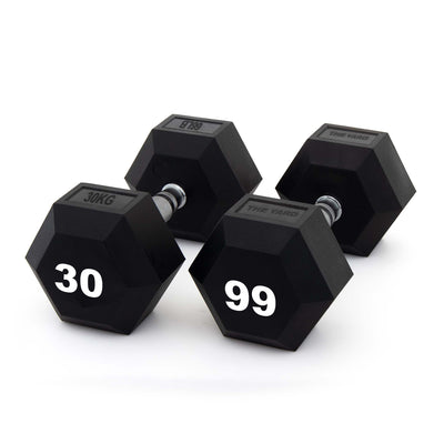 Four SMAI The Yard - Rubber Hex Dumbbell 30kg pairs with ergonomic grips and silver handles lie on a white background. Two of these commercial gym dumbbells show "30" in large white numbers on their ends.