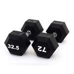 Two black SMAI The Yard - Rubber Hex Dumbbells with silver handles rest on a white background. One is labeled "32.5 KG" in bold white numbers—an ideal clearance dumbbell pair for commercial gym use.