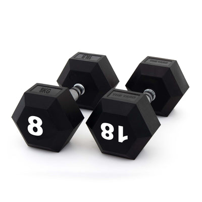 A pair of SMAI The Yard - Rubber Hex Dumbbells (8kg each) with silver handles rest on a white surface; both have "8KG" labels, one inverted—perfect for commercial gyms or as clearance dumbbells.
