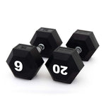 Three black SMAI The Yard - Rubber Hex Dumbbells with metal handles are arranged on a white background. Two commercial gym dumbbells display "9 KG" and "20 KG" in large white numbers on their ends.