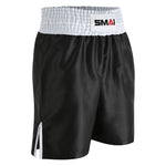 SMAI Boxing Competition Shorts - Black, made from satin polyester, feature an extra-wide white SMAI waistband, a white side seam accent, and provide a loose, comfortable fit.