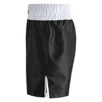 SMAI Boxing Competition Shorts in black satin polyester feature an extra-wide white elastic waistband and a small front hem slit, displayed on a plain white background.