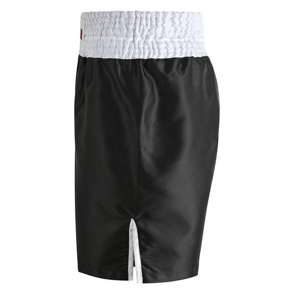 SMAI Boxing Competition Shorts in black satin polyester feature an extra-wide white elastic waistband and a small front hem slit, displayed on a plain white background.