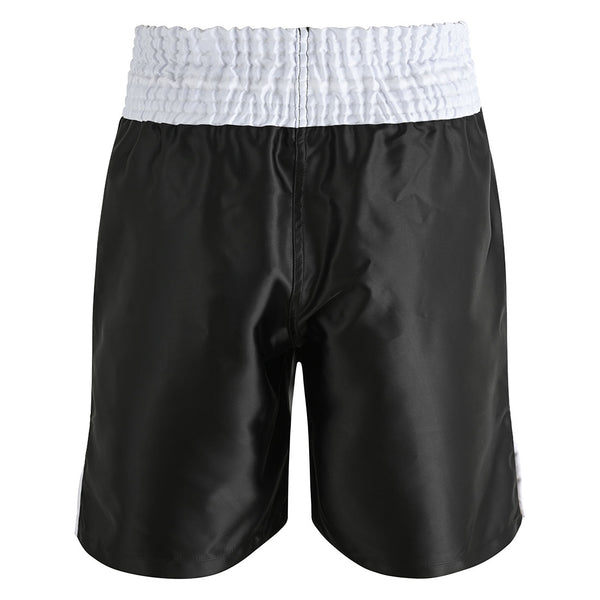 The SMAI Boxing Competition Shorts - Black feature shiny satin polyester and an extra-wide white elastic waistband, ensuring comfort and performance in the ring. Shown against a plain white background.