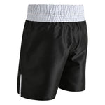 SMAI Boxing Competition Shorts - Black made from satin polyester, feature an extra-wide white ruched elastic waistband and a small white vertical side stripe, displayed from the back on a plain white background.