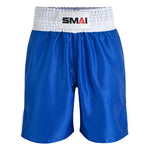 The SMAI Boxing Competition Shorts - Blue feature shiny satin polyester, an extra-wide white elastic waistband, and the "SMAI" logo in black and red at the front center.