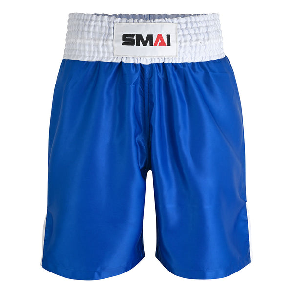 The SMAI Boxing Competition Shorts - Blue feature shiny satin polyester, an extra-wide white elastic waistband, and the "SMAI" logo in black and red at the front center.