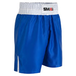 The SMAI Boxing Competition Shorts - Blue feature satin polyester fabric, a wide white elastic waistband with a black, white, and red "SMAI" logo, and small white side slits—ideal for competition use.