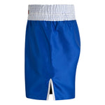 The SMAI Boxing Competition Shorts - Blue feature shiny satin polyester, an extra-wide white elastic waistband, and a central white vertical slit for classic boxing style. Displayed on a plain white background.