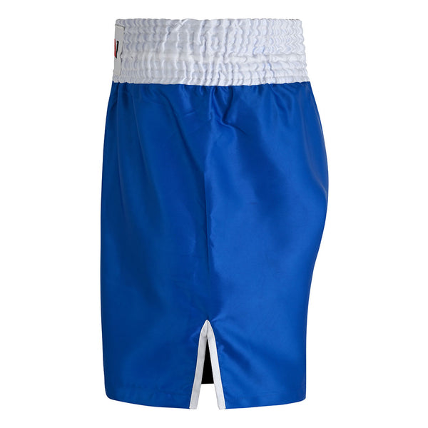 The SMAI Boxing Competition Shorts - Blue feature shiny satin polyester, an extra-wide white elastic waistband, and a central white vertical slit for classic boxing style. Displayed on a plain white background.