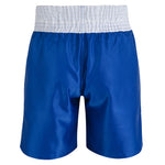 SMAI Boxing Competition Shorts - Blue, made from satin polyester with an extra-wide elastic white waistband, shown against a white background.