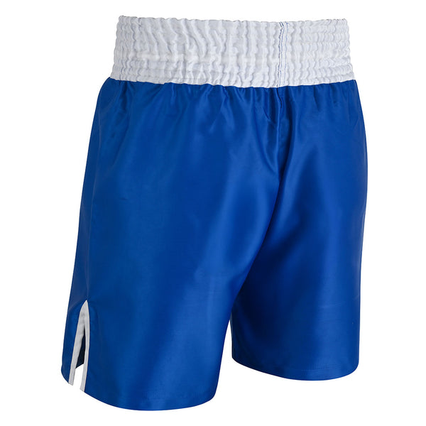 The SMAI Boxing Competition Shorts - Blue are made from satin polyester, featuring a wide white elastic waistband and small white stripes on each leg for style and comfort.