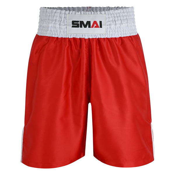The SMAI Boxing Competition Shorts - Red are made of satin polyester, featuring a wide white elastic waistband, central SMAI patch, silky texture, and side white stripes.
