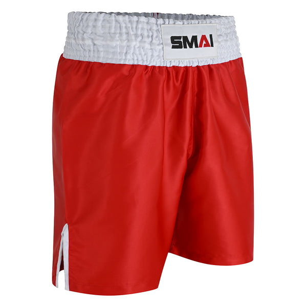 The SMAI Boxing Competition Shorts in red feature satin polyester, a wide white elastic waistband with the SMAI logo, and a stylish side split with white accent for added flexibility.