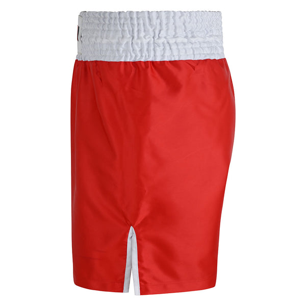 SMAI Boxing Competition Shorts - Red: satin polyester shorts featuring a wide, gathered white waistband and a vertical white slit at the back hem, displayed on a plain white background.