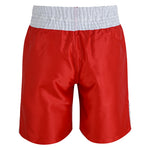 The SMAI Boxing Competition Shorts - Red feature shiny satin polyester, a white wide waistband, and knee-length design. Shown from the back, these smooth shorts are ideal for competition.