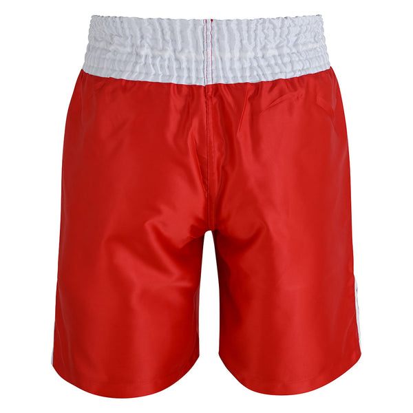 The SMAI Boxing Competition Shorts - Red feature shiny satin polyester, a white wide waistband, and knee-length design. Shown from the back, these smooth shorts are ideal for competition.