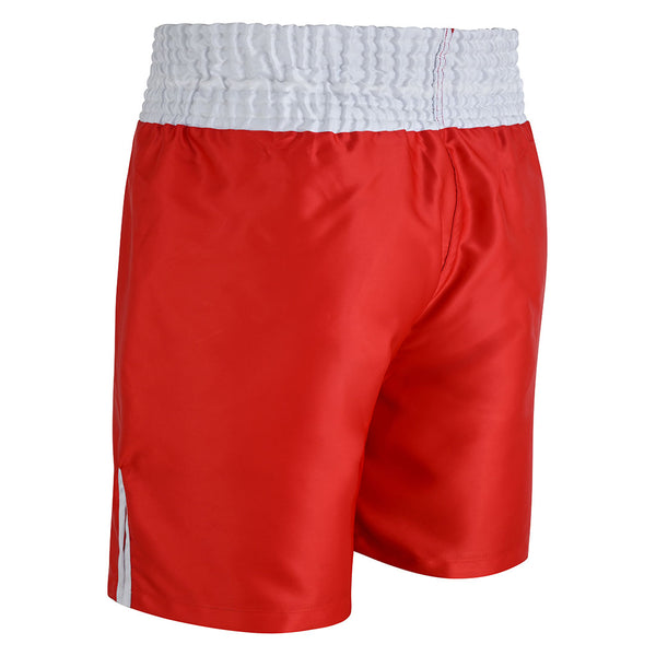 The SMAI Boxing Competition Shorts - Red are made from satin polyester, feature a wide waistband, white vertical side stripes, and are shown from the back at an angle.