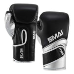 A pair of black and silver SMAI Silver Series Boxing Gloves shown from the palm and back sides, providing wrist support.