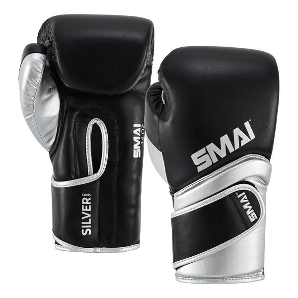 A pair of black and silver SMAI Silver Series Boxing Gloves shown from the palm and back sides, providing wrist support.