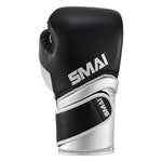 SMAI Silver Series Boxing Glove - Black/Silver featuring tri-layer shock protection and a hook-and-loop wrist strap for support.
