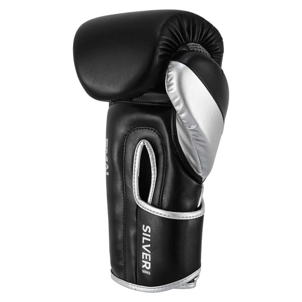 SMAI Silver Series Boxing Glove - Black/Silver, featuring black gloves with silver accents, tri-layer shock protection, and “SILVER SERIES” text on the wrist support strap.
